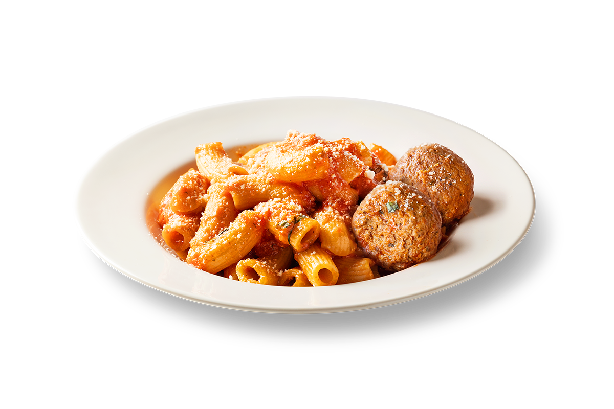 Rigatoni marinara with meatballs at Buona restaurant in Countryside, Illinois
